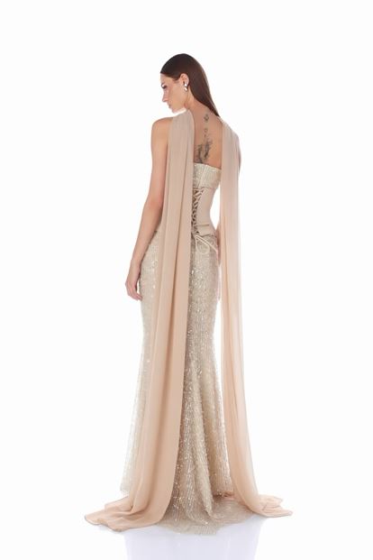 Beiges Satin Bustier Top Pailletten Meerjungfrau Abend Set